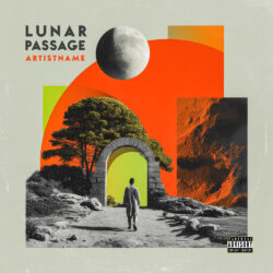 Lunar Passage Surreal Psychedelic Collage Album Cover Art - for Indie Rock, Ambient Music - Collage, Surrealist Style - in Orange, Green Color