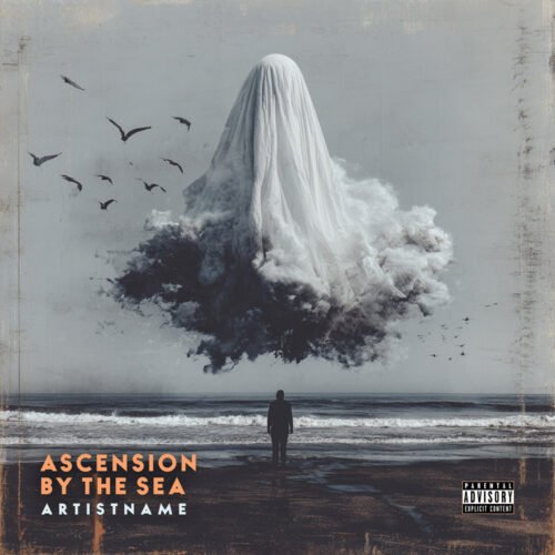 Ascension by the Sea Surreal Alternative Album Cover Art - for Ambient, Dark Ambient Music - style Conceptual Art, Dark Surrealism - in Black, Grey Color