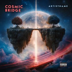 Cosmic Bridge Surreal Synthwave Sci-Fi Album Cover Art - for Ambient, Electronic Music - style Conceptual Art, Surrealist - in Blue, Red Color