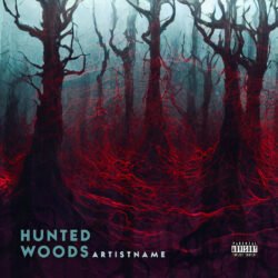 Hunted Woods Dark Eerie Forest Horror Album Cover Art - for Black Metal, Dark Ambient Music - style Dark Fantasy, Dark Surrealism - in Red, Black Color