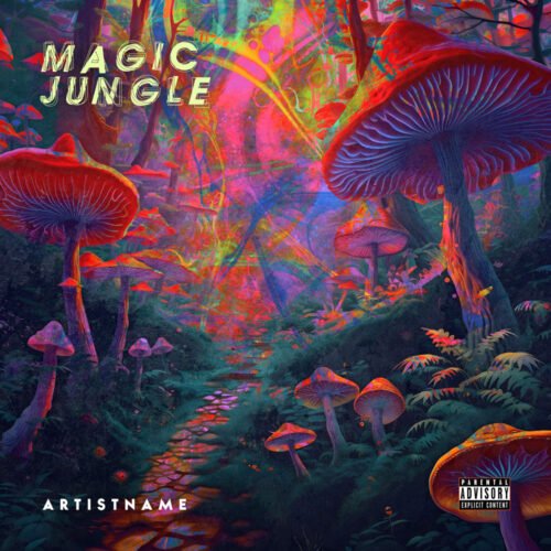 Magic Jungle Psychedelic Trance Album Cover Art - for Psychedelic Rock, Psychedelic Pop Music - style Psychedelic Art, Surrealist - in Red, Blue Color