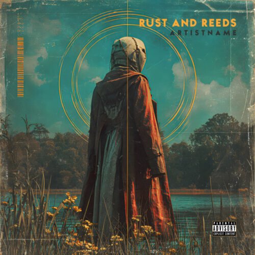Rust and Reeds Dark Folk Cinematic Album Cover Art - for Dark Folk, Indie Folk Music - style Cinematic Style, Dark Fantasy - in Red, Yellow Color