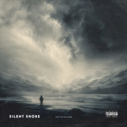 Silent Shore Ethereal Post-Rock Cinematic Ambient Album Cover Art - for Ambient, Black Metal Music - Cinematic Style, Conceptual Art Style - in Black, Grey Color