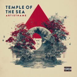 Temple of the Sea Surreal Japanese Wave Album Cover Art - for Ambient, Chillout Music - style Ukiyo-E, Illustrated - in Red, Blue Color