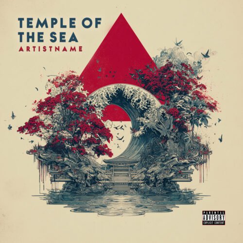 Temple of the Sea Surreal Japanese Wave Album Cover Art - for Ambient, Chillout Music - style Ukiyo-E, Illustrated - in Red, Blue Color