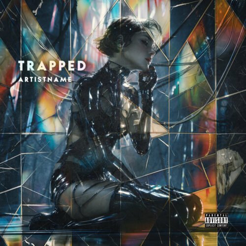Trapped Cyberpunk Glitch Art Cover - for Dark Synth, Electro Music - style Cyberpunk, Cinematic Style - in Blue, Black Color