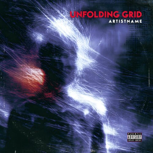 Unfolding Grid Glitch Abstract Electronic Album Cover Art - for Ambient, Dark Electro Music - style Abstract, Conceptual Art - in Red, Blue Color