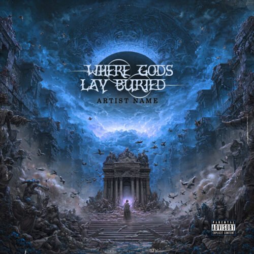 Where Gods Lay Buried Epic Dark Fantasy Metal Album Cover Art - for Death Metal, Black Metal Music - style Dark Fantasy, Cinematic Style - in Blue, Grey Color