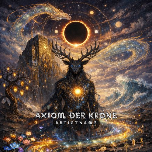 Axiom Der Krone Celestial Dark Fantasy Mythic Album Cover Art - for Symphonic Metal, Black Metal Music - style Dark Fantasy, Conceptual Art - in Yellow, Blue Color