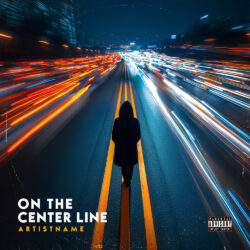 On the Center Line Cyberpunk Electronic Album Cover Art - for Synth-Pop, Darkwave Music - Cinematic Style, Digital Art Style - in Orange, Yellow Color