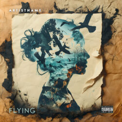 Flying Surreal Double Exposure Album Cover Art Design - for Alternative Rock, Ambient Music - Collage, Conceptual Art Style - in Black, Blue Color