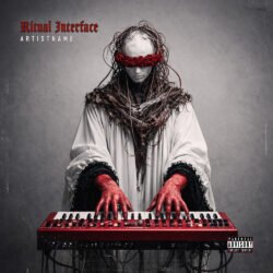 Ritual Interface Dark Electronic Album Cover Art Design - for Dark Ambient, Dark Electro Music - style Dark Fantasy, Dark Surrealism - in Red, Black Color