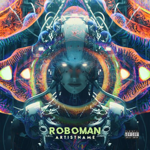 Roboman Cybernetic Glitch Hop Album Cover Art - for Electronic, Industrial Music - style Cyberpunk, Sci-Fi Style - in Blue, Orange Color