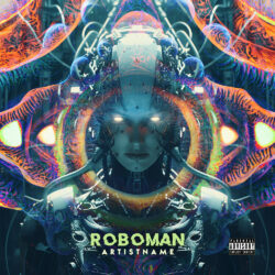 Roboman Cybernetic Glitch Hop Album Cover Art - for Electronic, Industrial Music - 3D Render, Cyberpunk Style - in Blue, Orange Color