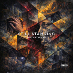 Still Standing Surreal Cyberpunk Dystopian Album Cover Art - for Alternative Rock, Progressive Metal Music - Digital Painting, Surrealist Style - in Black, Orange Color