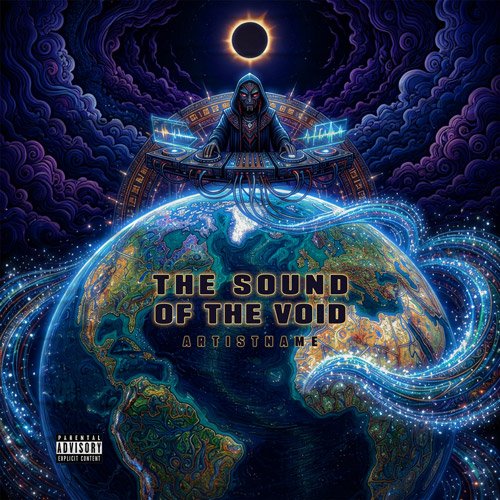 The Sound of the Void Ethereal Cosmic Techno Album Cover Art - for Electronic, Dark Electro Music - style Sci-Fi Style, Surrealist - in Blue, Purple Color