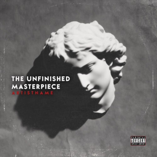 Unfinished Masterpiece Minimalist Statue Album Cover Art - for Alternative Rock, Ambient Music - style Chiaroscuro, Conceptual Art - in Red, Black Color