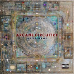 Arcane Circuitry Cybernetic Glitch Hop Album Cover Art - for Ambient, Dark Ambient Music - style Blueprint, Cyberpunk - in Blue, Yellow Color