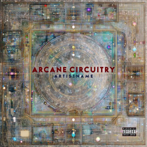 Arcane Circuitry Cybernetic Glitch Hop Album Cover Art - for Ambient, Dark Ambient Music - style Blueprint, Cyberpunk - in Blue, Yellow Color