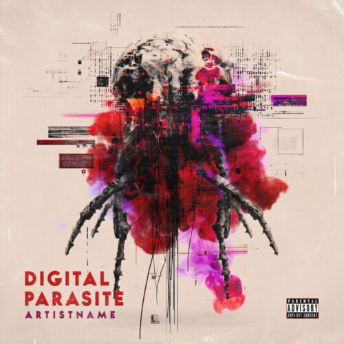 Digital Parasite Glitch Art Horror Cover - for Alternative Metal, Dark Electro Music - style Acid Graphics, Biopunk - in Red, Pink Color