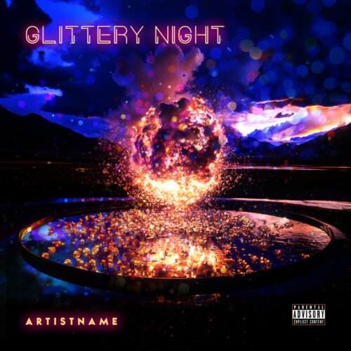 Glittery Night Electronic Dance Music Album Cover Art Design - for Synth-Pop, Electronic Music - style Cinematic Style, Futuristic Style - in Blue, Purple Color