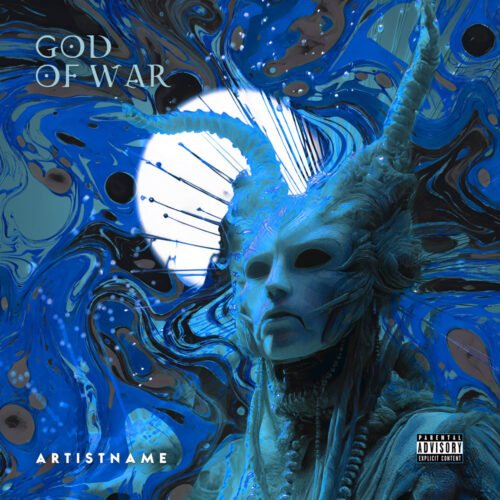 God of War Ethereal Cyberpunk Cover Art - for Heavy Metal, Industrial Music - style Dark Fantasy, Surrealist - in Blue, Black Color