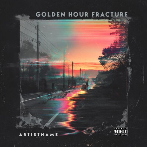 Golden Hour Fracture Lo-fi Glitch Synthwave Album Cover Art - for Post-Punk, Electronic Music - style Glitch Art, Cinematic Style - in Red, Orange Color