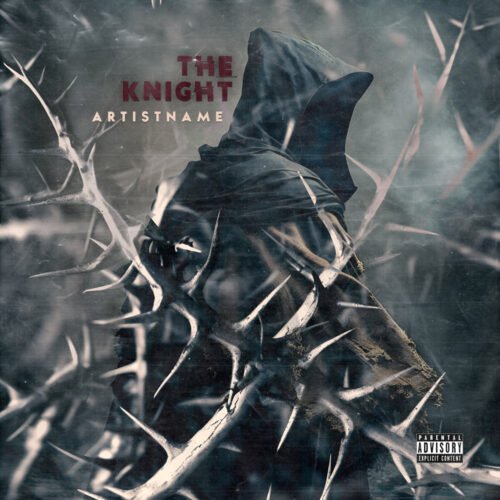 The Knight Dark Metal Mystery Album Cover Art - for Black Metal, Dark Ambient Music - style Dark Fantasy, Cinematic Style - in Black, Grey Color