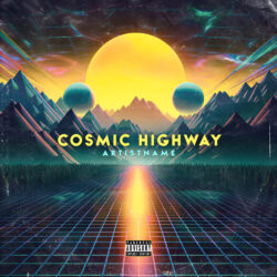 Cosmic Highway Synthwave Retrowave Space Album Cover Art - for Ambient, Chillwave Music - 3D Render, Digital Art Style - in Yellow, Purple