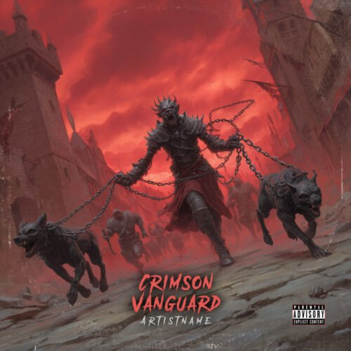 Crimson Vanguard Death Metal Album Cover Art - for Heavy Metal, Black Metal Music - style Dark Fantasy, Illustrated - in Red, Black Color