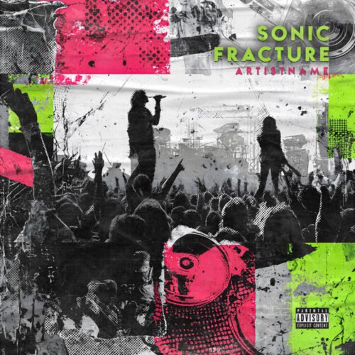 Sonic Fracture Rock Album Cover Art - for Alternative Metal, Alternative Rock Music - style Acid Graphics, Collage - in Pink, Green Color