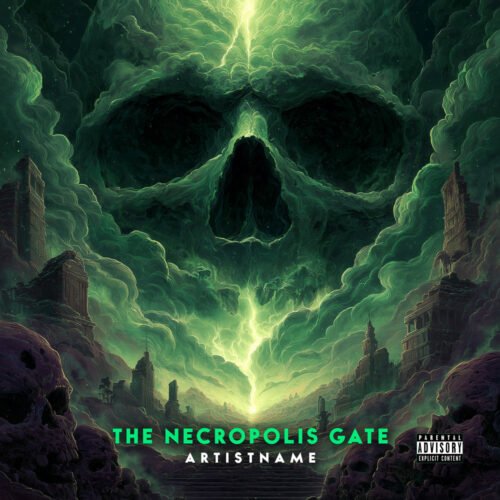 The Necropolis Gate Dark Metal Album Cover Art - for Black Metal, Death Metal Music - style Dark Fantasy, Illustrated - in Green, Black Color