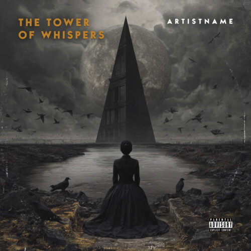 The Tower of Whispers Dark Gothic Fantasy Album Cover Art - for Black Metal, Doom Metal Music - Dark Fantasy, Dark Surrealism Style - in Black, Grey