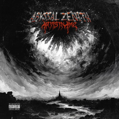 Abyssal Zenith Dark Metal Album Cover Art - for Black Metal, Death Metal Music - style Dark Fantasy, Charcoal Sketch - in Black, White Color