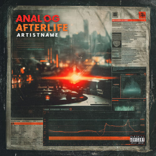 Analog Afterlife album cover artwork - for Ambient, Dark Synth Music - Cinematic Style, Cyberpunk Style - in Red, Orange