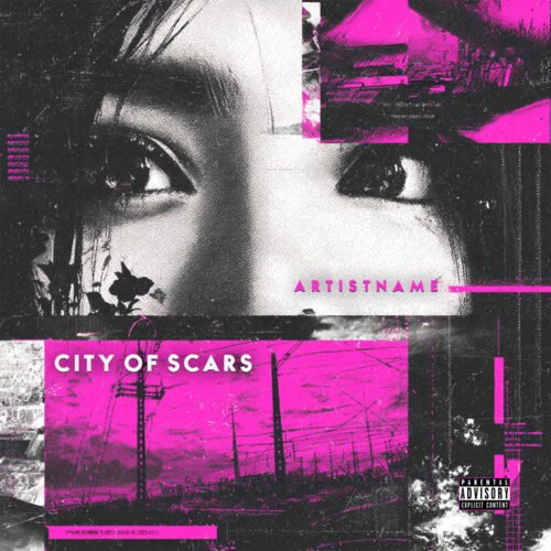 City of Scars Phonk Cyberpunk Album Cover Art - for Alternative Rock, Dark Pop Music - style Acid Graphics, Collage - in Pink, Black Color