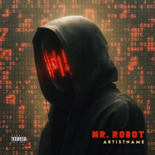 Mr Robot Cyberpunk Hacker Album Cover Art - for Electronic, Dark Electro Music - style Cyberpunk, Glitch Art - in Red, Black Color
