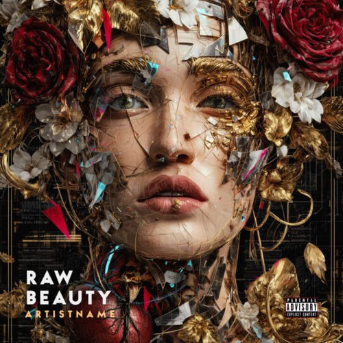 Raw Beauty Broken Glass Gold Rose Album Cover Art - for Art Pop, Contemporary R&B Music - style Collage, Surrealist - in Red, Black Color