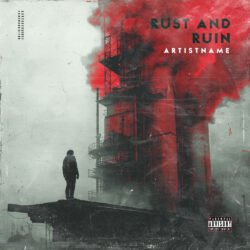 Rust and Ruin album cover art industrial post apocalyptic design - for Alternative Metal, Alternative Rock Music - style Cinematic Style, Conceptual Art - in Red, Black Color