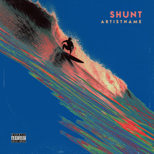 Shunt Wave Surfing Retro Album Cover Art - for Surf Rock, Psychedelic Rock Music - Digital Art, Psychedelic Art Style - in Blue, Red