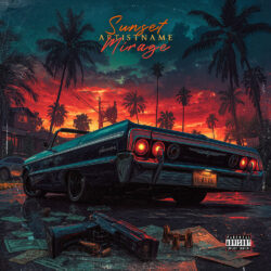 Sunset Mirage Gangsta Rap Synthwave Album Cover Art - for Alternative Hip-Hop, Cloud Rap Music - Cinematic Style, Digital Painting Style - in Red, Orange