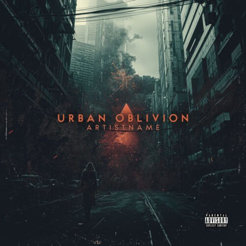 Urban Oblivion dystopian electronic album art cover - for Dark Ambient, Dark Synth Music - style Cinematic Style, Dark Fantasy - in Black, Grey Color