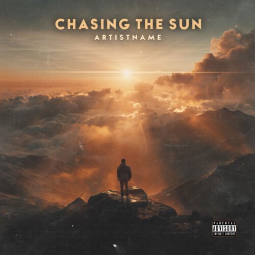 Chasing the Sun cinematic album cover art - for Ambient, Electronic Music - style Cinematic Style, Photographic - in Orange, Yellow Color