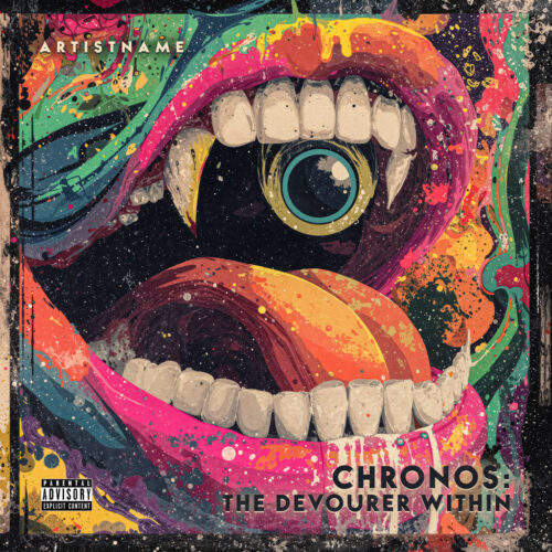 Chronos The Devourer Within Psychedelic Album Cover - for Alternative Rock, Art Rock Music - Abstract, Dark Surrealism Style - in Pink, Yellow