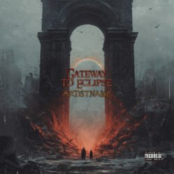 Gateway to Eclipse metal album cover artwork - for Black Metal, Doom Metal Music - style Dark Fantasy, Cinematic Style - in Red, Orange Color