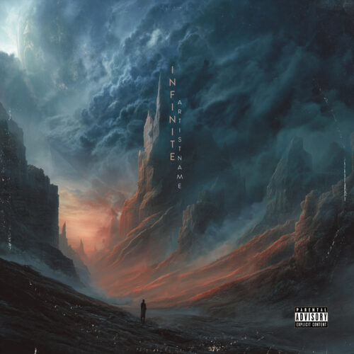 Infinite Sci Fi Epic Fantasy Cinematic Album Cover - for Progressive Rock, Post-Rock Music - Cinematic Style, Dark Fantasy Style - in Blue, Orange
