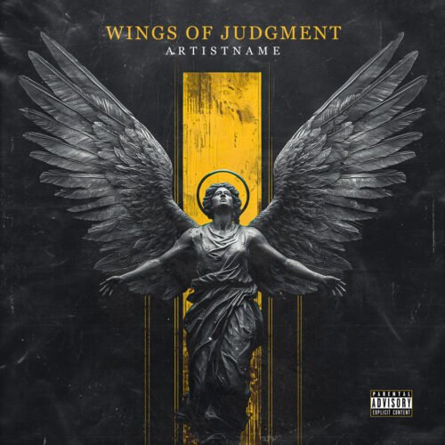 Wings of Judgment Metal Cover Art - for Alternative Metal, Dark Ambient Music - style Cinematic Style, Dark Fantasy - in Yellow, Black Color