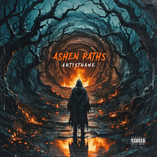 Ashen Paths Metal Album Cover - Dark Fantasy, Digital Painting Style - in Black & Grey - for Black Metal, Death Metal Music