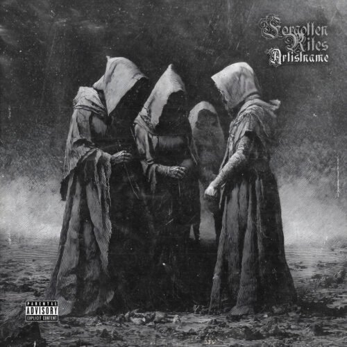 Forgotten Rites Black Metal Album Cover Art - for Black Metal, Dark Ambient Music - style Charcoal Sketch, Dark Fantasy - in Black, Grey Color