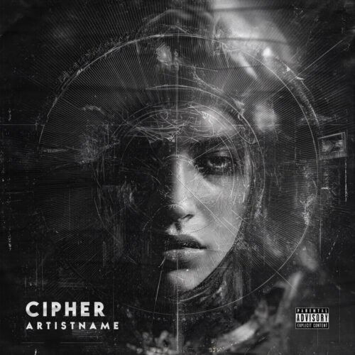 Cipher Dark Cinematic Cover Art - for Alternative Hip-Hop, Dark Ambient Music - style Cinematic Style, Cyberpunk - in Black, Grey Color